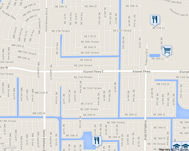 map of restaurants, bars, coffee shops, grocery stores, and more near 335 Northeast 23rd Terrace in Cape Coral