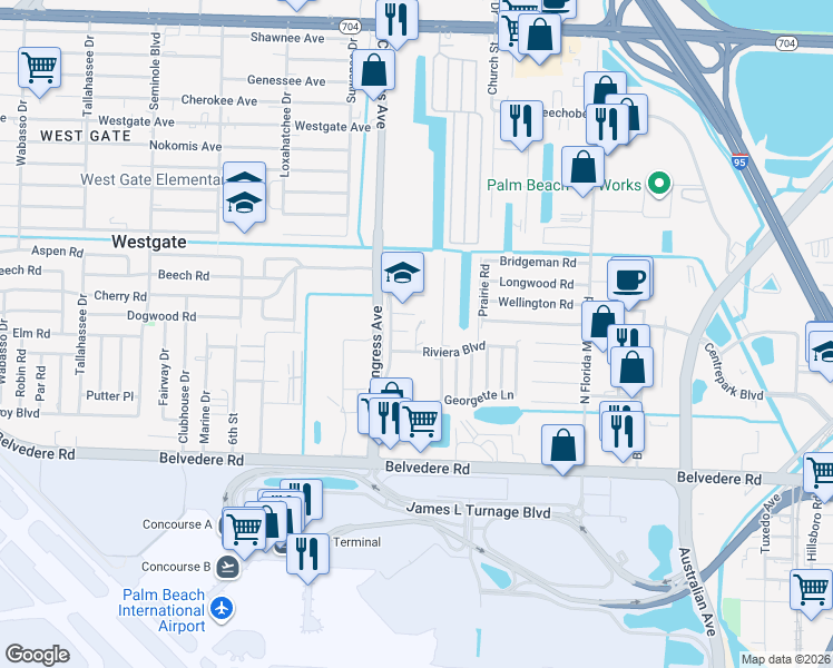 map of restaurants, bars, coffee shops, grocery stores, and more near 1312 Lily Court in West Palm Beach