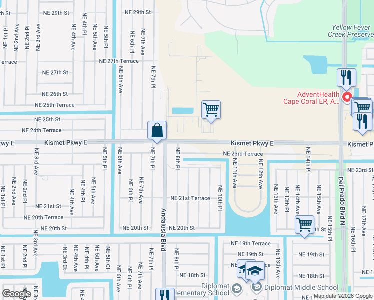 map of restaurants, bars, coffee shops, grocery stores, and more near 2315 Northeast 8th Place in Cape Coral