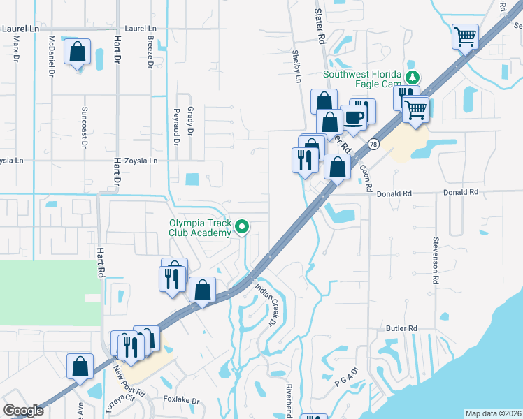 map of restaurants, bars, coffee shops, grocery stores, and more near 2154 Twin Brooks Road in North Fort Myers