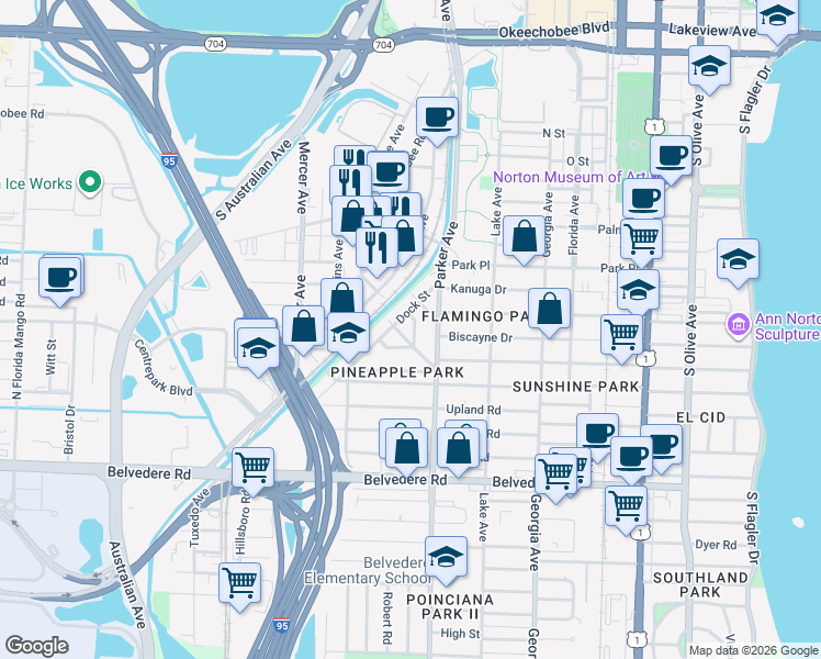 map of restaurants, bars, coffee shops, grocery stores, and more near 944 Market Street in West Palm Beach