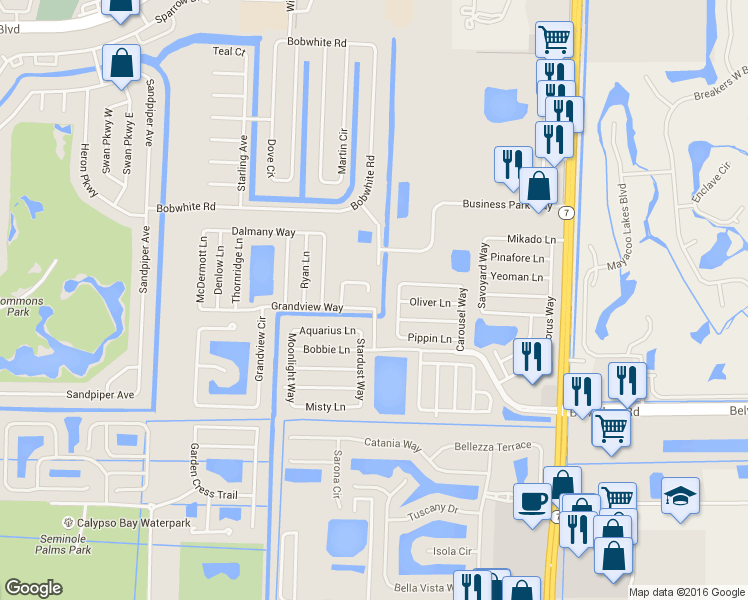 map of restaurants, bars, coffee shops, grocery stores, and more near 1397 Elmbank Way in Royal Palm Beach