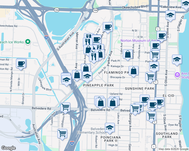 map of restaurants, bars, coffee shops, grocery stores, and more near 2109 Dock Street in West Palm Beach