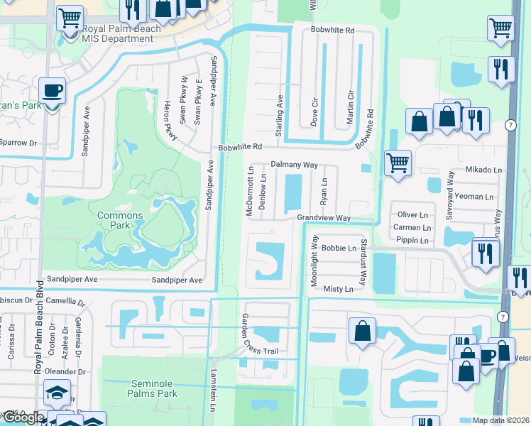map of restaurants, bars, coffee shops, grocery stores, and more near 1274 Denlow Lane in West Palm Beach