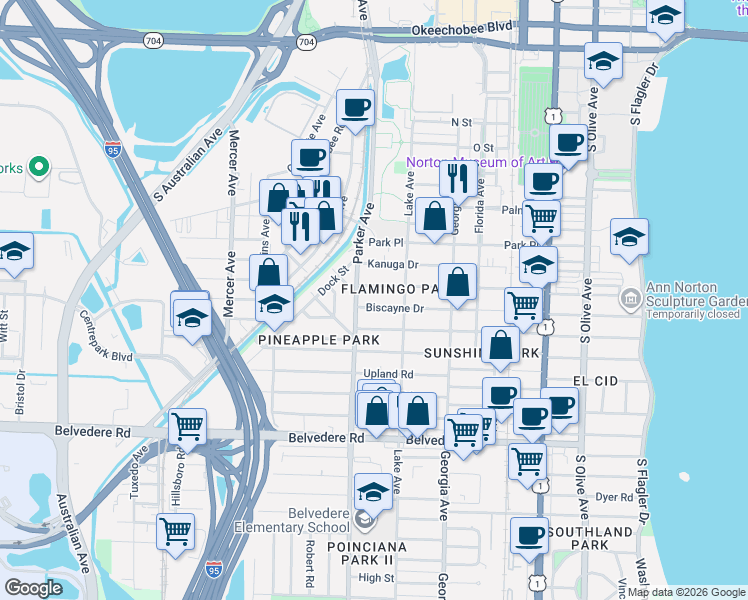 map of restaurants, bars, coffee shops, grocery stores, and more near in West Palm Beach