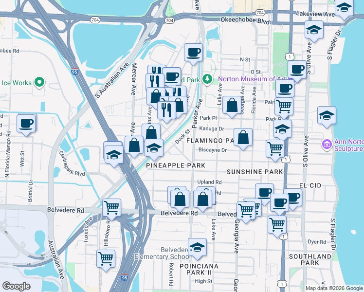 map of restaurants, bars, coffee shops, grocery stores, and more near 944 Market Street in West Palm Beach