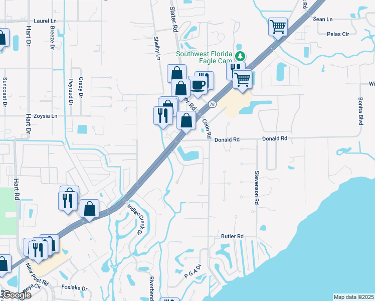 map of restaurants, bars, coffee shops, grocery stores, and more near 15001 Caspian Tern Court in North Fort Myers