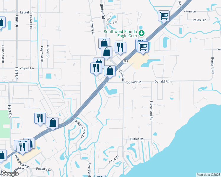 map of restaurants, bars, coffee shops, grocery stores, and more near 15001 Caspian Tern Court in North Fort Myers