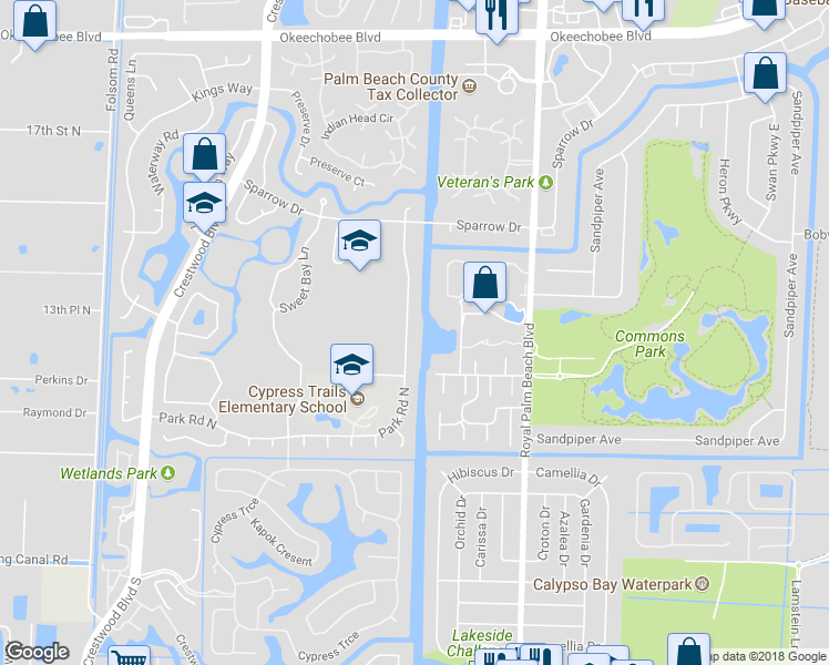 map of restaurants, bars, coffee shops, grocery stores, and more near 130 Park Road North in West Palm Beach