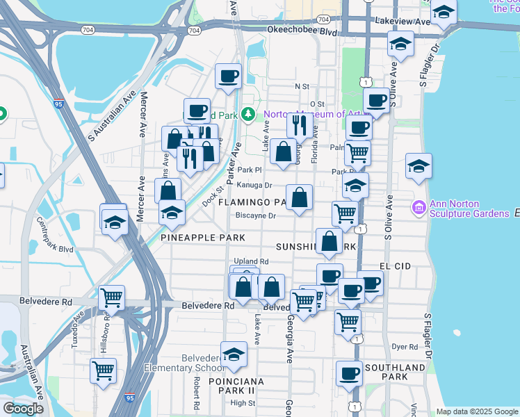 map of restaurants, bars, coffee shops, grocery stores, and more near in West Palm Beach
