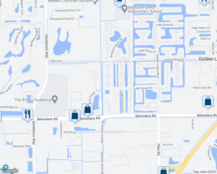 map of restaurants, bars, coffee shops, grocery stores, and more near 1159 Benoist Farms Road in West Palm Beach