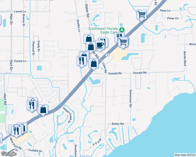 map of restaurants, bars, coffee shops, grocery stores, and more near 15001 Caspian Tern Court in North Fort Myers