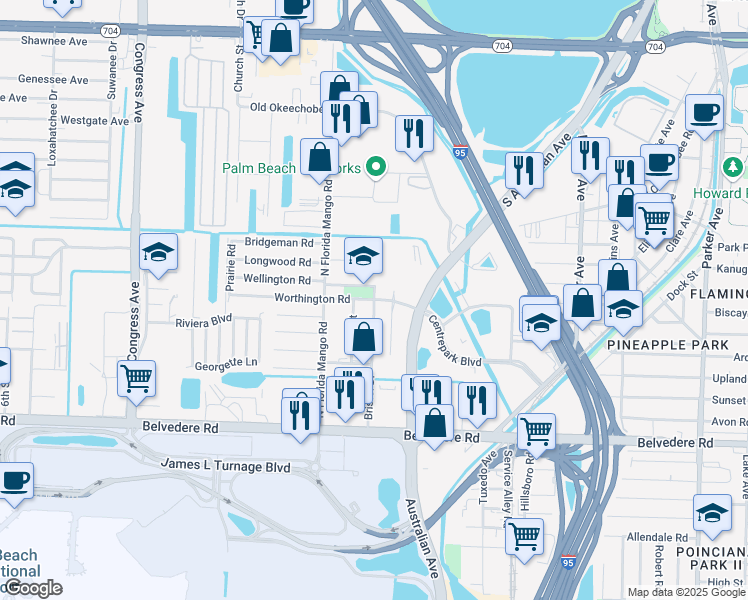 map of restaurants, bars, coffee shops, grocery stores, and more near 1641 Worthington Road in West Palm Beach