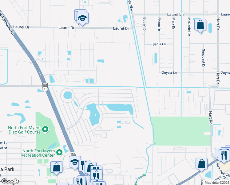 map of restaurants, bars, coffee shops, grocery stores, and more near 672 Brigantine Boulevard in North Fort Myers