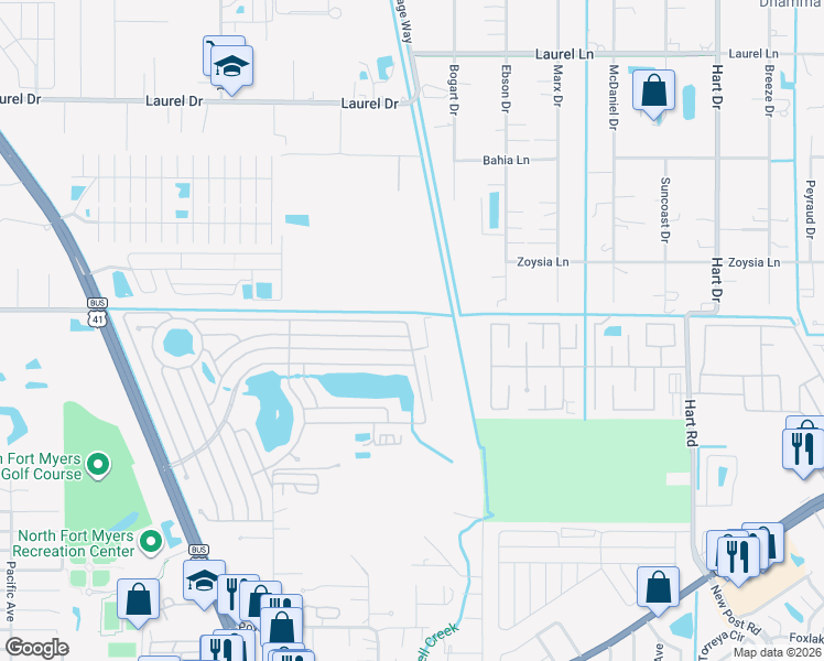 map of restaurants, bars, coffee shops, grocery stores, and more near 974 Avanti Way in North Fort Myers