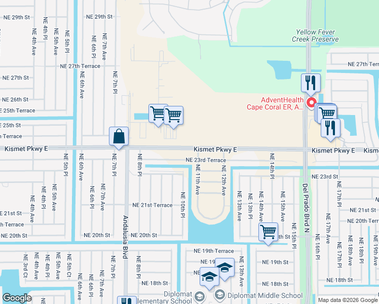 map of restaurants, bars, coffee shops, grocery stores, and more near 1031 Northeast 23rd Terrace in Cape Coral