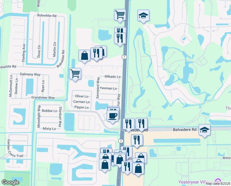 map of restaurants, bars, coffee shops, grocery stores, and more near 10079 Patience Lane in Royal Palm Beach