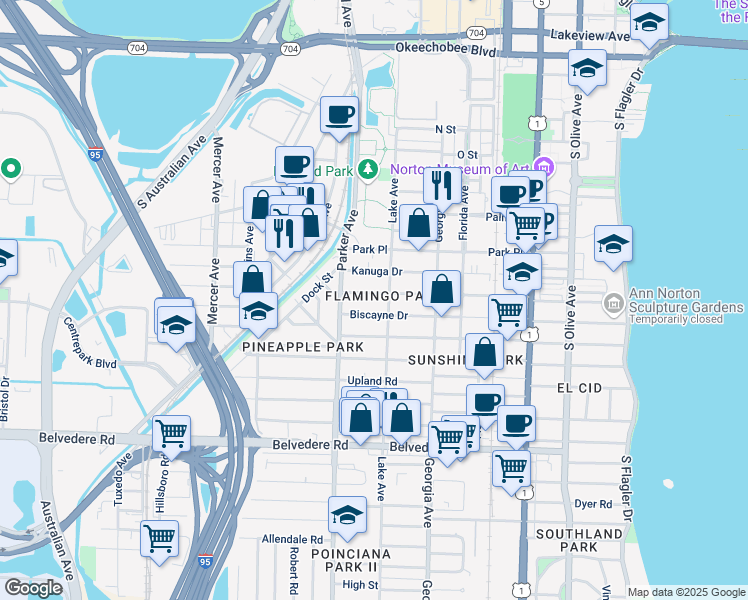 map of restaurants, bars, coffee shops, grocery stores, and more near in West Palm Beach