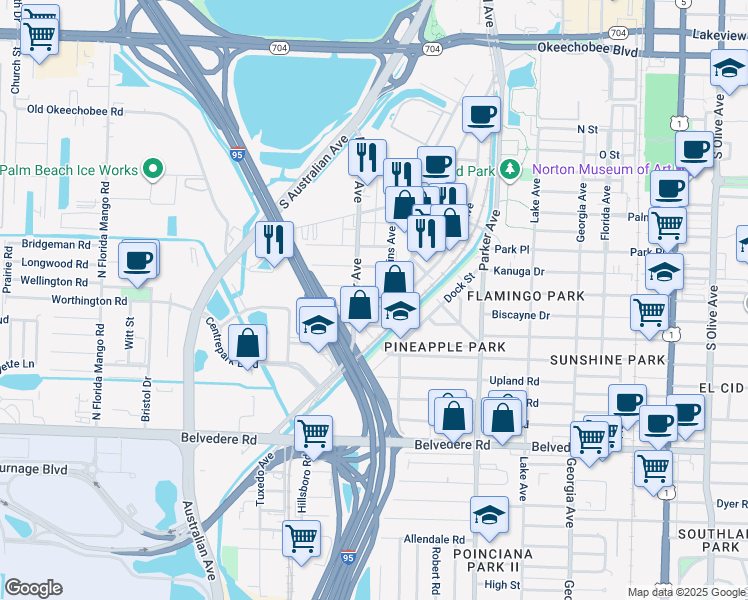 map of restaurants, bars, coffee shops, grocery stores, and more near 1212 Worthington Street in West Palm Beach