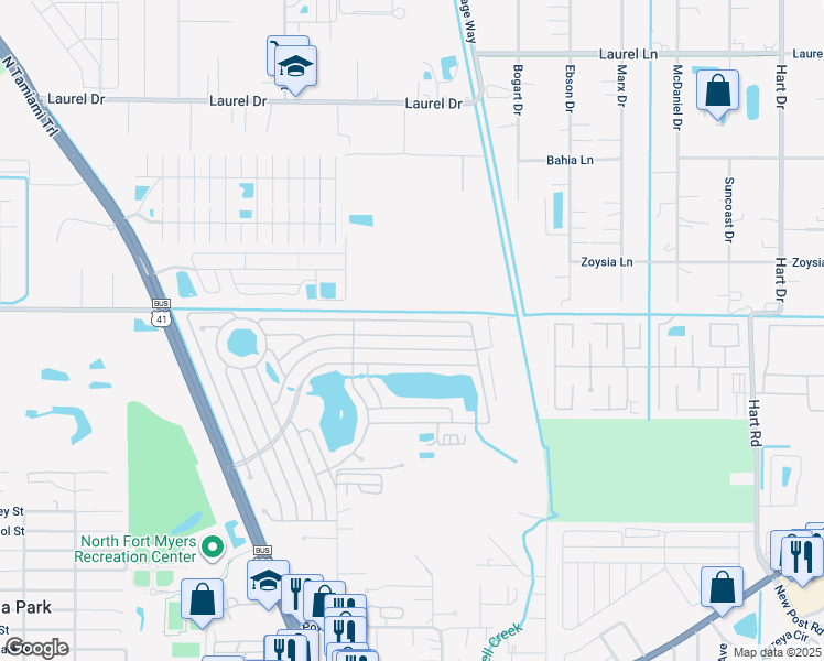 map of restaurants, bars, coffee shops, grocery stores, and more near 672 Brigantine Boulevard in North Fort Myers