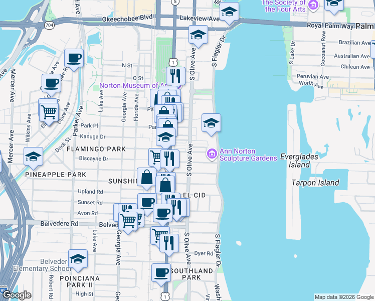 map of restaurants, bars, coffee shops, grocery stores, and more near 1945 South Olive Avenue in West Palm Beach