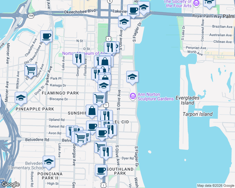 map of restaurants, bars, coffee shops, grocery stores, and more near 1945 South Olive Avenue in West Palm Beach