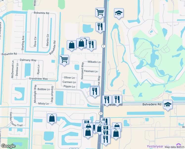 map of restaurants, bars, coffee shops, grocery stores, and more near 10131 Penzance Lane in Royal Palm Beach