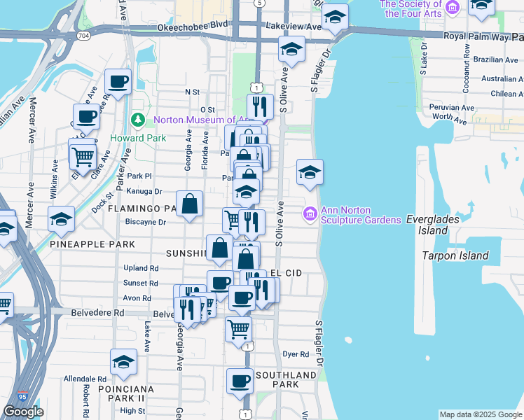 map of restaurants, bars, coffee shops, grocery stores, and more near 309 Barcelona Road in West Palm Beach