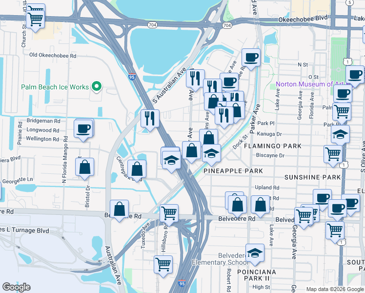 map of restaurants, bars, coffee shops, grocery stores, and more near 1314 Worthington Street in West Palm Beach