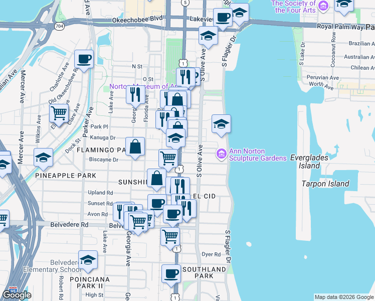 map of restaurants, bars, coffee shops, grocery stores, and more near 309 Barcelona Road in West Palm Beach