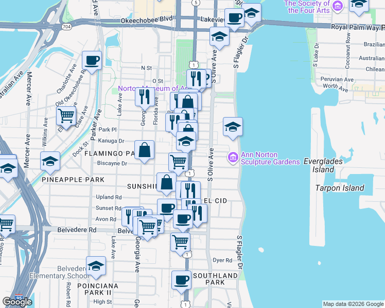 map of restaurants, bars, coffee shops, grocery stores, and more near 309 Barcelona Road in West Palm Beach