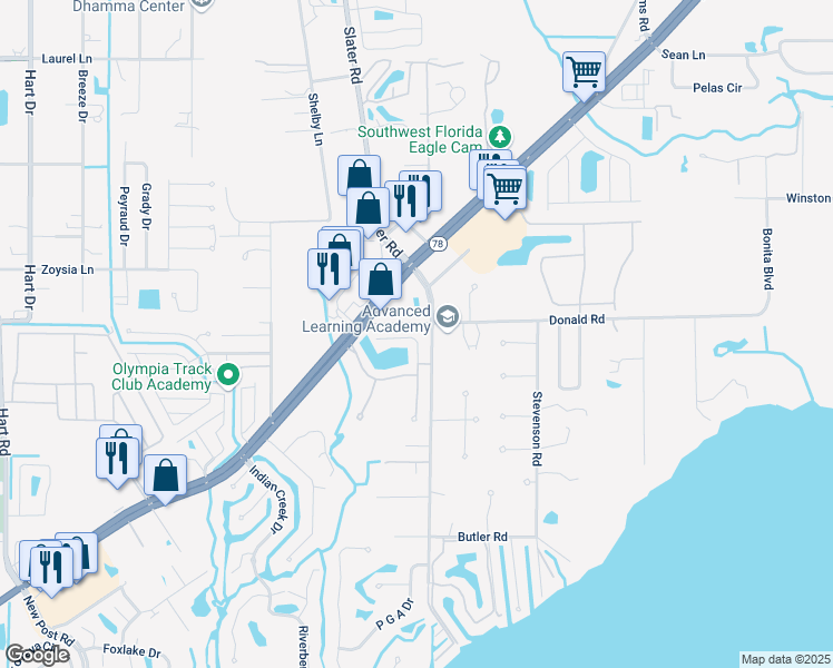 map of restaurants, bars, coffee shops, grocery stores, and more near 15050 Caspian Tern Court in North Fort Myers