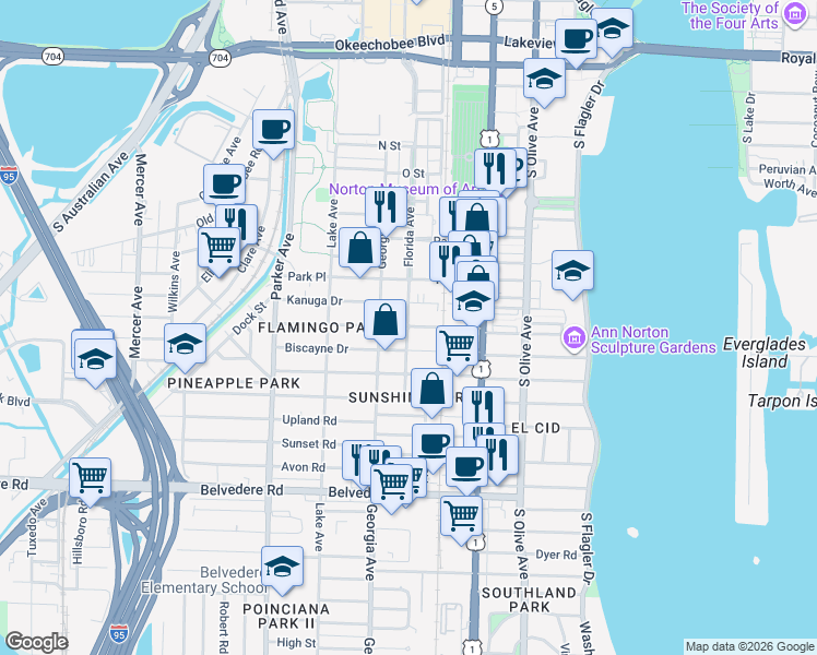 map of restaurants, bars, coffee shops, grocery stores, and more near Flamingo Drive in West Palm Beach