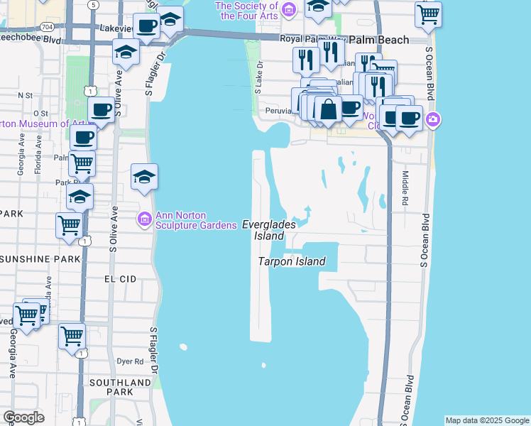 map of restaurants, bars, coffee shops, grocery stores, and more near 560 Island Drive in Palm Beach