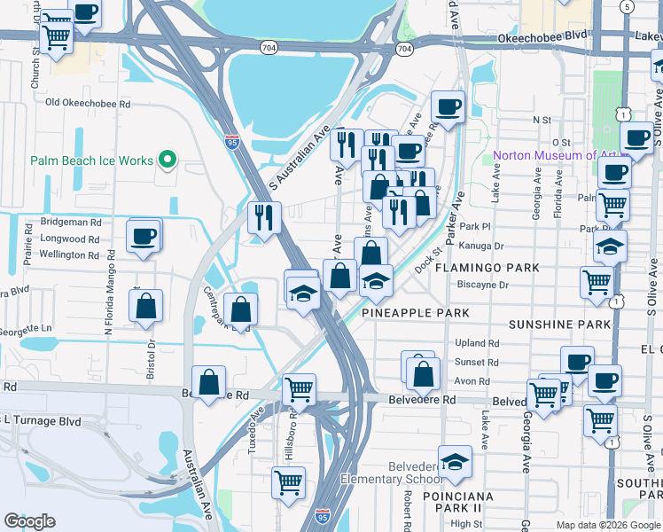 map of restaurants, bars, coffee shops, grocery stores, and more near 1321 Wellington Street in West Palm Beach