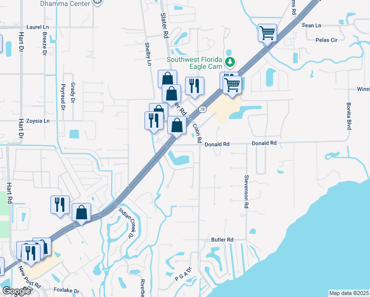 map of restaurants, bars, coffee shops, grocery stores, and more near 6360 Bayshore Road in North Fort Myers