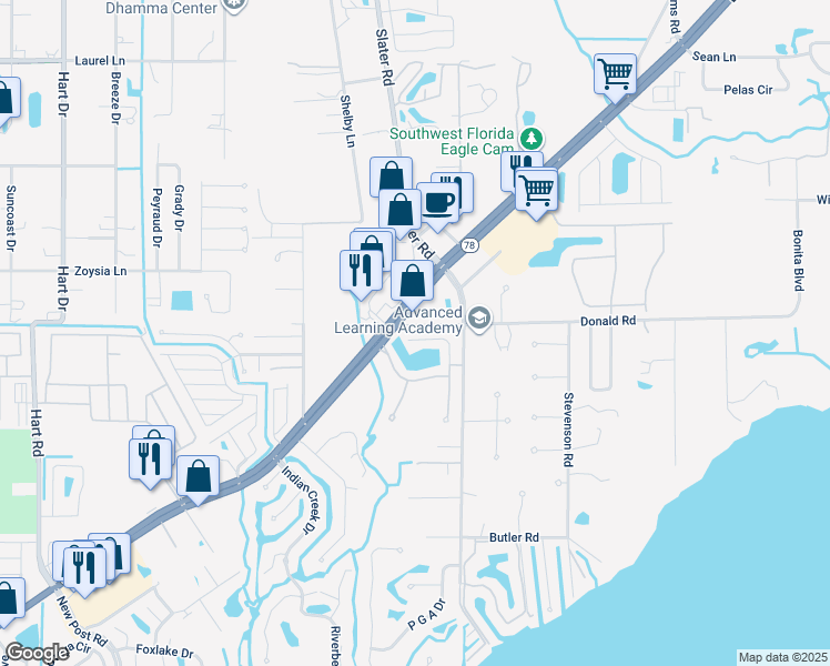 map of restaurants, bars, coffee shops, grocery stores, and more near 6360 Bayshore Road in North Fort Myers