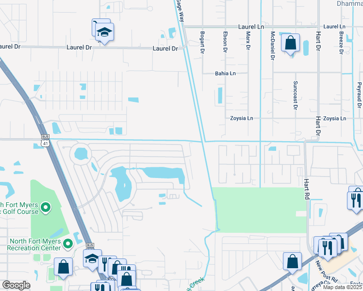 map of restaurants, bars, coffee shops, grocery stores, and more near 484 Avanti Way in North Fort Myers