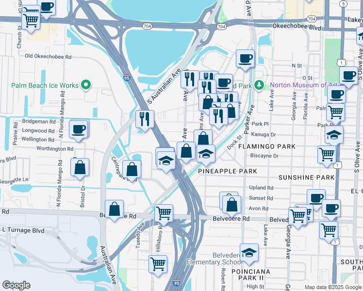 map of restaurants, bars, coffee shops, grocery stores, and more near 1321 Wellington Street in West Palm Beach