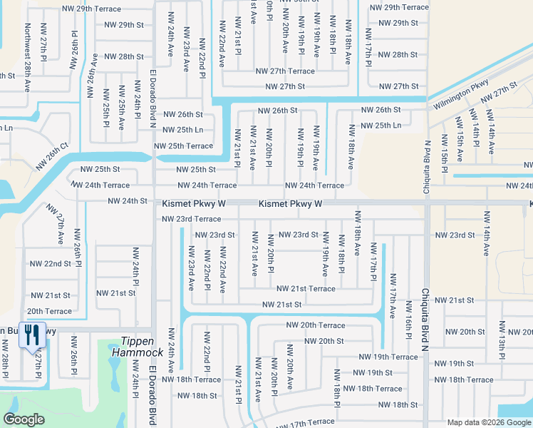 map of restaurants, bars, coffee shops, grocery stores, and more near 2005 Kismet Parkway West in Cape Coral