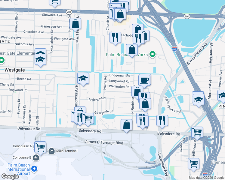 map of restaurants, bars, coffee shops, grocery stores, and more near 2125 Wellington Road in West Palm Beach
