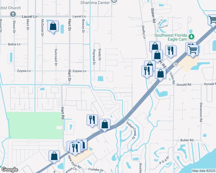 map of restaurants, bars, coffee shops, grocery stores, and more near 233 Fireball Lane in North Fort Myers
