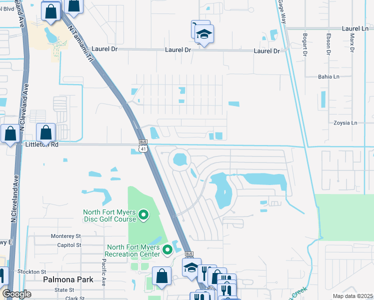 map of restaurants, bars, coffee shops, grocery stores, and more near 88 Cornett Drive in North Fort Myers