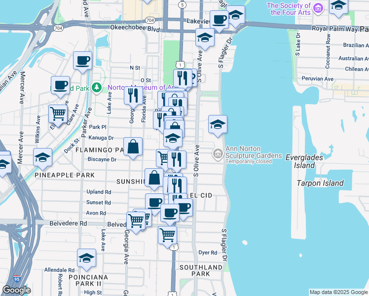 map of restaurants, bars, coffee shops, grocery stores, and more near 316 Wildermere Road in West Palm Beach