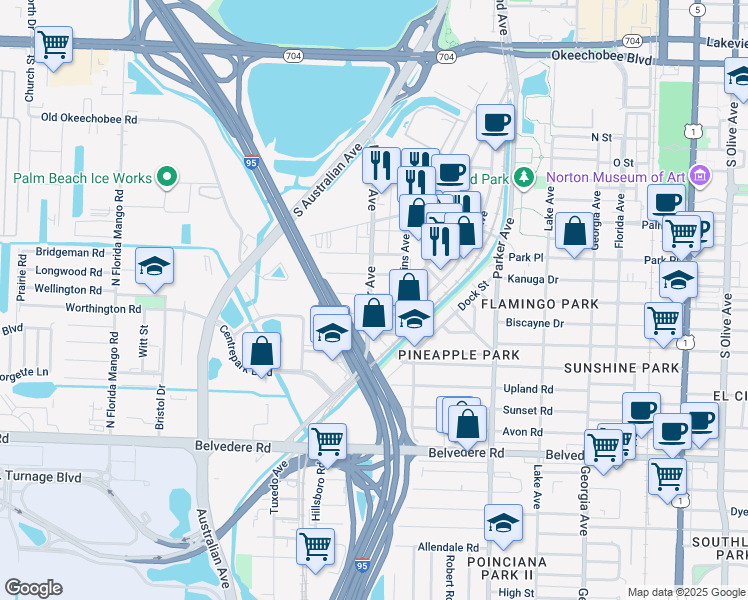 map of restaurants, bars, coffee shops, grocery stores, and more near 1212 Longwood Street in West Palm Beach