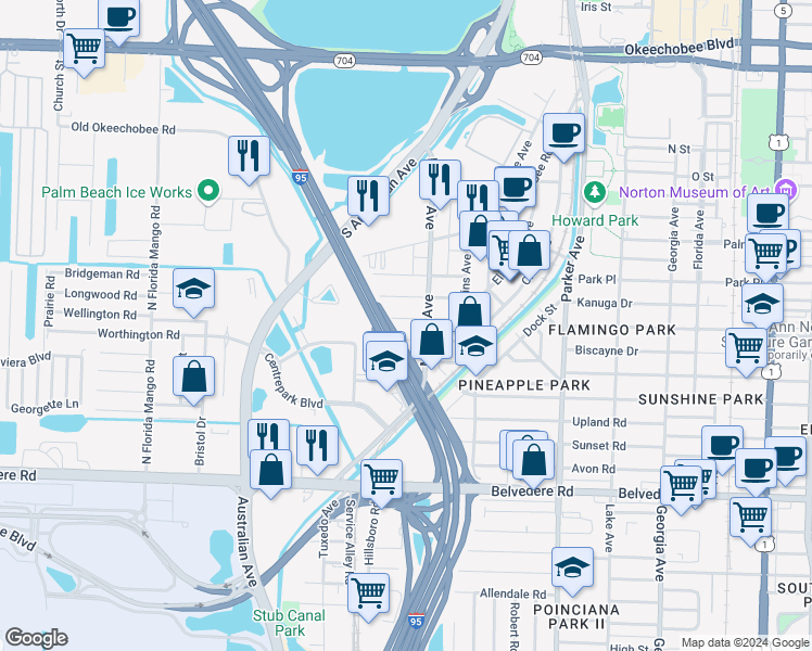 map of restaurants, bars, coffee shops, grocery stores, and more near 1321 Wellington Street in West Palm Beach