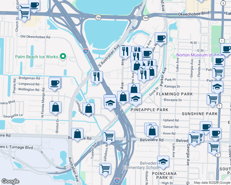 map of restaurants, bars, coffee shops, grocery stores, and more near 1321 Wellington Street in West Palm Beach