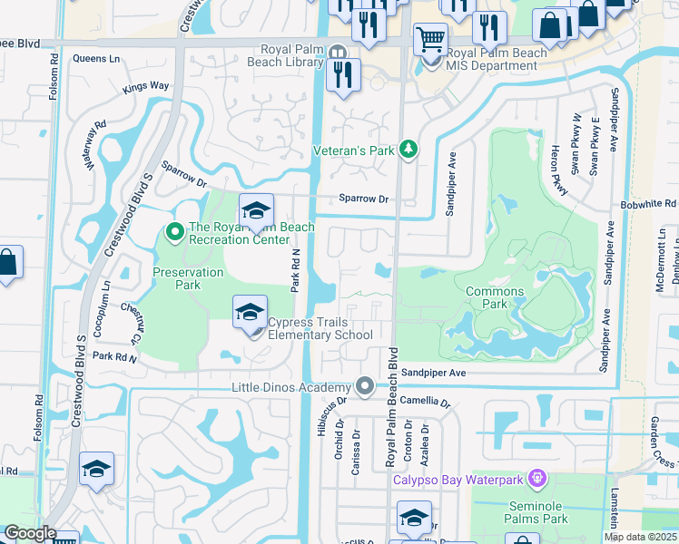 map of restaurants, bars, coffee shops, grocery stores, and more near 216 Road C in Royal Palm Beach