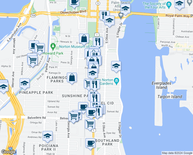 map of restaurants, bars, coffee shops, grocery stores, and more near 316 Wildermere Road in West Palm Beach