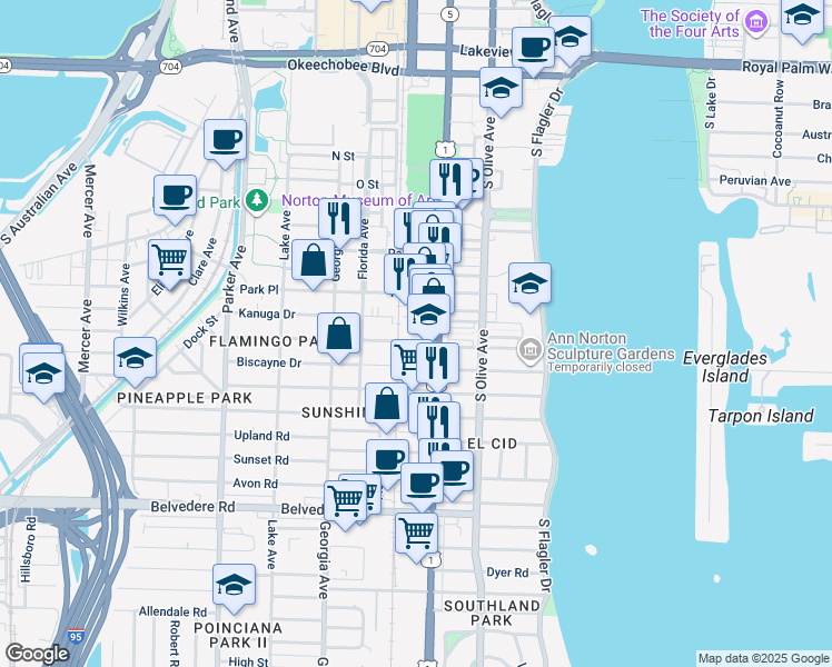 map of restaurants, bars, coffee shops, grocery stores, and more near 424 Kanuga Drive in West Palm Beach